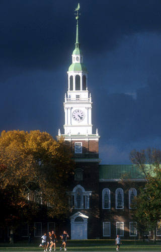Baker Tower borders the College Green at Dartmouth College. Used with permission.
